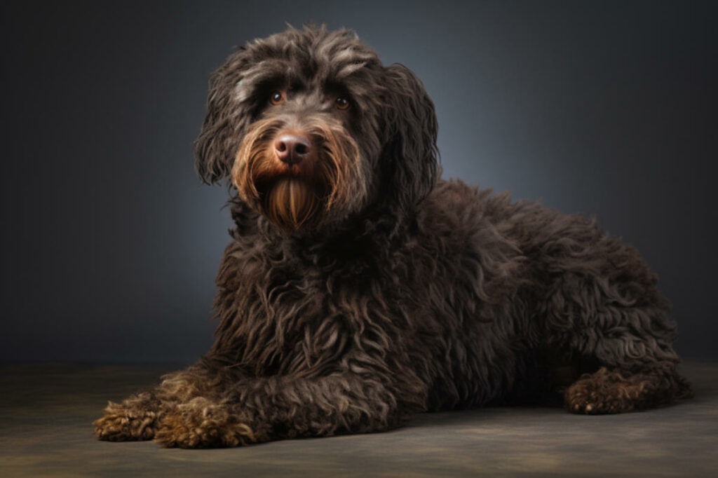 Ein brauner, lockiger Hund liegt ruhig und schaut aufmerksam auf einem dunklen Hintergrund.