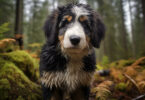 Ein nasser, junger Hund mit schwarz-weißem Fell steht im nebeligen Wald umgeben von Moos und Farnen.