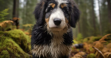 Ein nasser, junger Hund mit schwarz-weißem Fell steht im nebeligen Wald umgeben von Moos und Farnen.