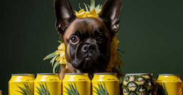 Ein Hund mit Ananasdekoration hinter gelben Dosen arrangiert.