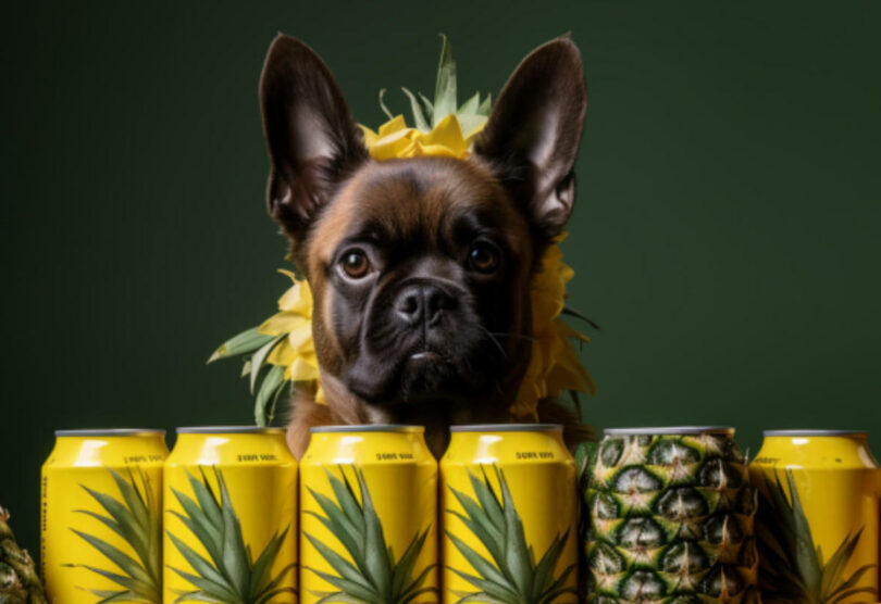 Ein Hund mit Ananasdekoration hinter gelben Dosen arrangiert.