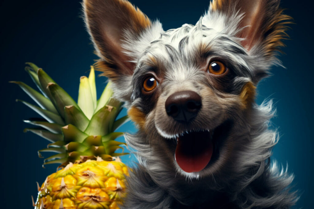 Ein fröhlicher Hund mit großen Ohren posiert neben einer Ananas vor einem dunklen Hintergrund.