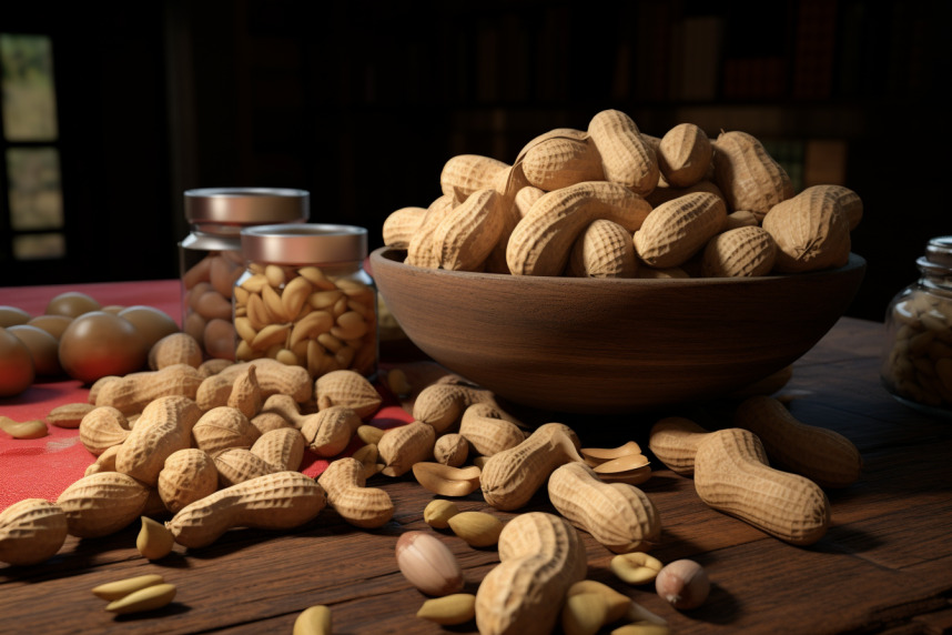 Auf dem Bild ist eine Holzschale voller Erdnüsse auf einem Tisch, mit weiteren Nüssen und Gläsern im Hintergrund.