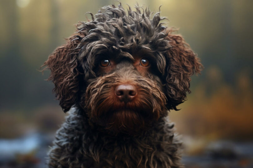 Ein niedlicher, lockiger Hund schaut mit großen Augen direkt in die Kamera vor einem unscharfen Waldhintergrund.