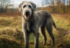 Ein großer, grauer Hund steht auf einem Feld mit trockenem Gras und blickt in die Kamera.