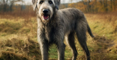 Ein großer, grauer Hund steht auf einem Feld mit trockenem Gras und blickt in die Kamera.