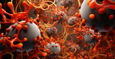 Auf dem Bild sind modellierte Darstellungen von Virenpartikeln mit charakteristischen Auswüchsen auf ihrer Oberfläche.