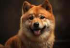 Ein lächelnder Shiba Inu Hund schaut in die Kamera vor einem unscharfen Hintergrund.