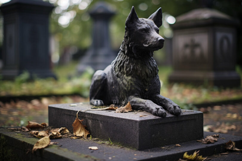 Eine Statue eines Hundes liegt auf einem Sockel umgeben von Herbstblättern auf einem Friedhof.